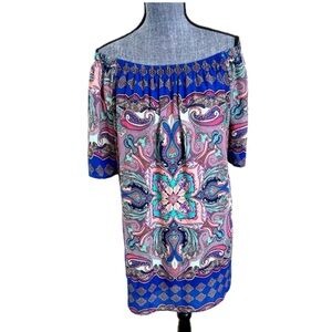 Allison Joy Blue & Pink Bohemian Paisley Off The Shoulder Tunic Shift Dress M.